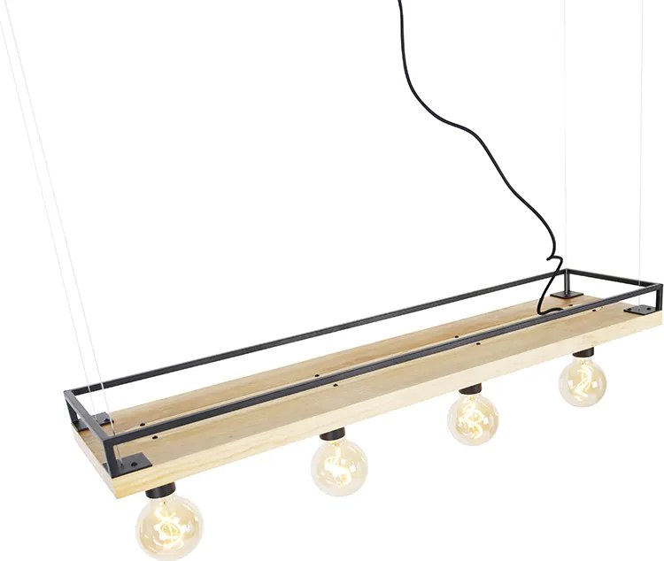 Industrialna lampa wisząca czarna z drewnem 4-światła - Shelf