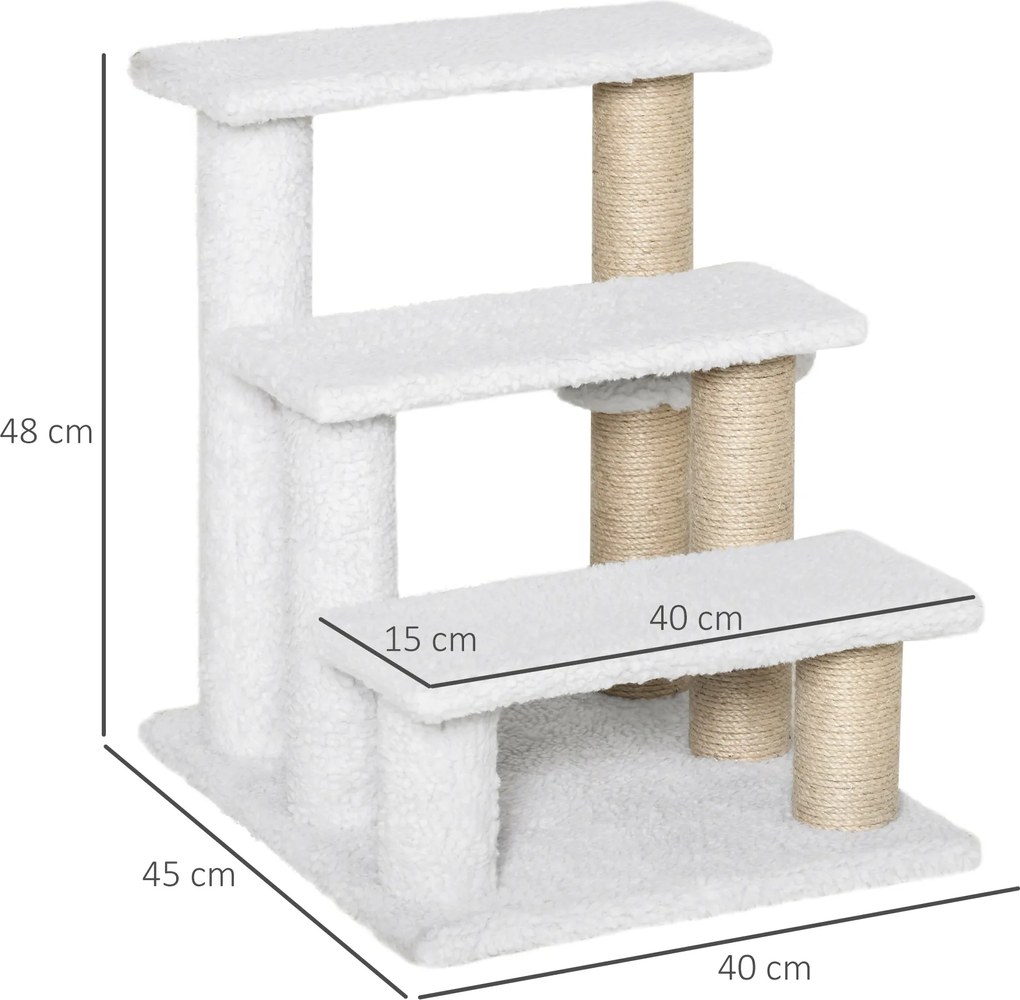 PawHut Schody dla zwierząt 3-poziomowe Pluszowa juta dla psów i kotów Białe 45x40x48cm | Aosom PL