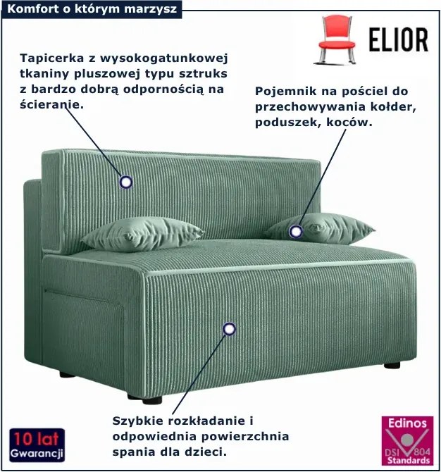 Miętowa tapicerowana sofa rozkładana M1-P69