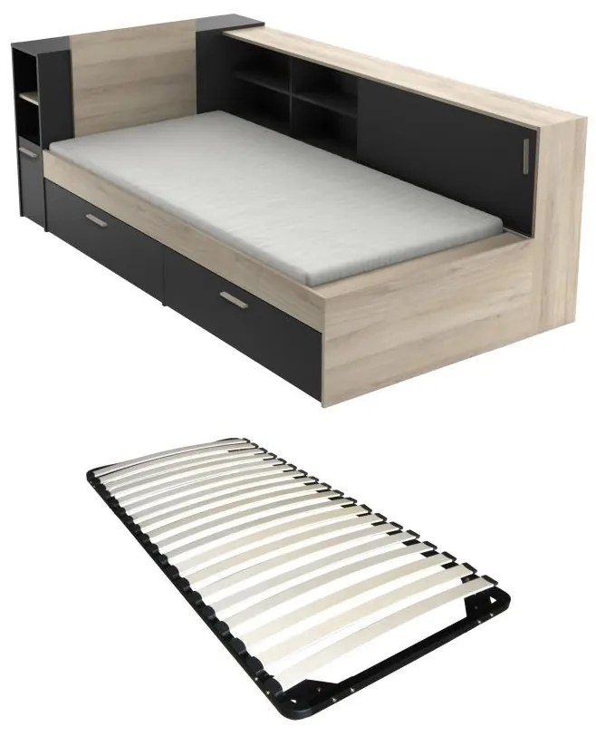 Łóżko 90 x 190/200 cm ze schowkami - Czarny i naturalne drewno + Stelaż - LIARA