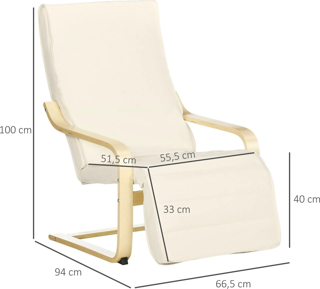 HOMCOM Leżak z Poduszką, Regulowany Podnóżek w 5 Pozycjach, Drewno Brzozowe, do 120 kg, 66,5 x 94 x 100 cm, Kremowy | Aosom PL