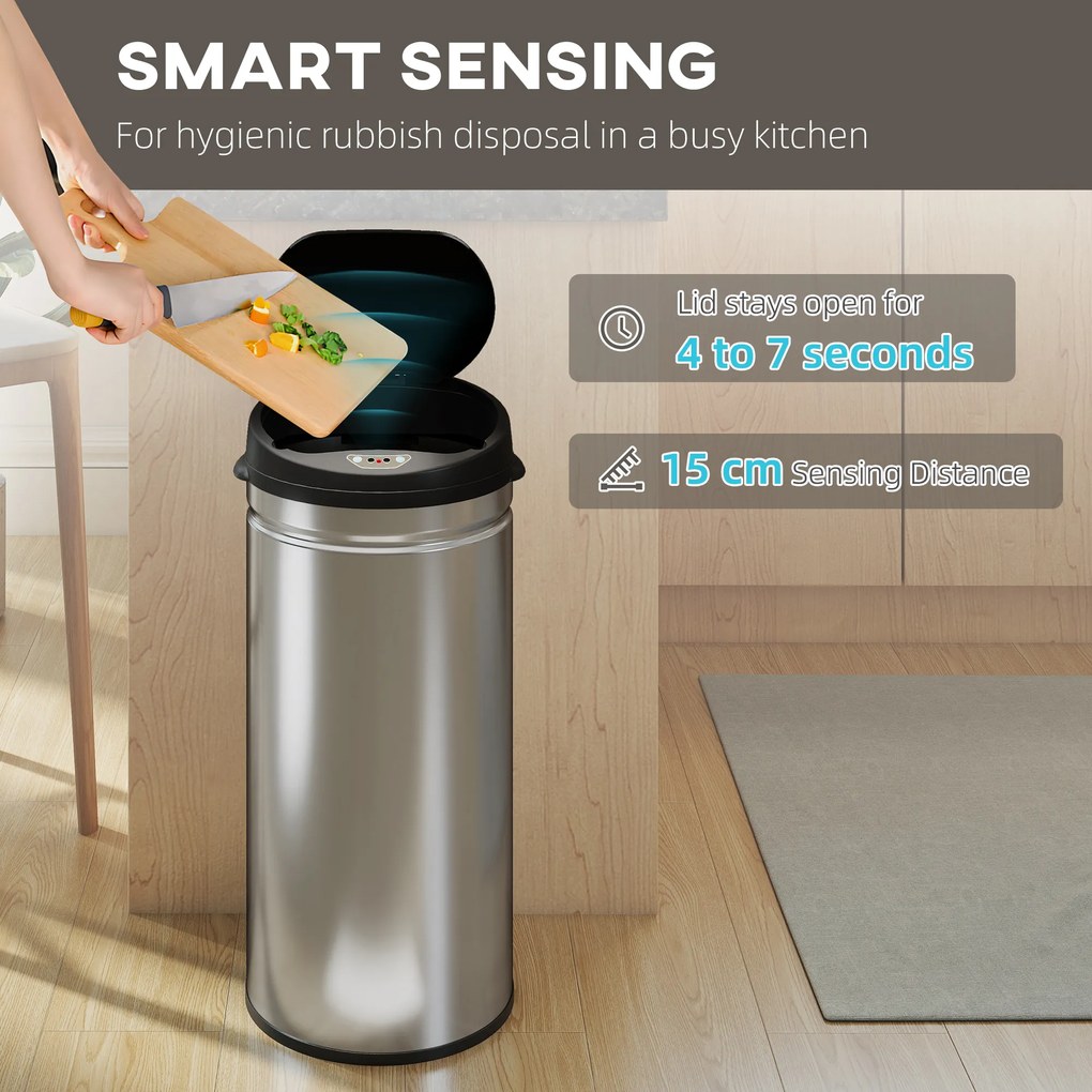 HOMCOM 42 L Kosz na śmieci z sensorem i funkcją Soft-Close, bezdotykowy kosz ze stali nierdzewnej do higienicznej kuchni
