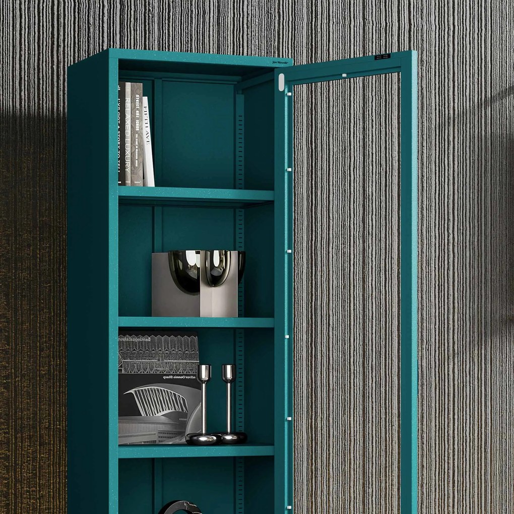 Witryna szklana do salonu wąska morska / turkusowa Modern LUIGI 500 x 1800 x 350 mm