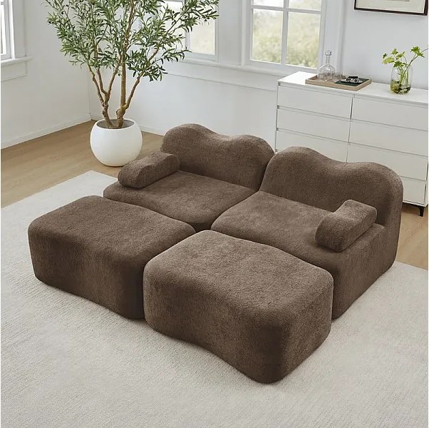 Canapé 2 places d'angle modulable en velours, avec 2 pouf, 192x167x70cm, Marron