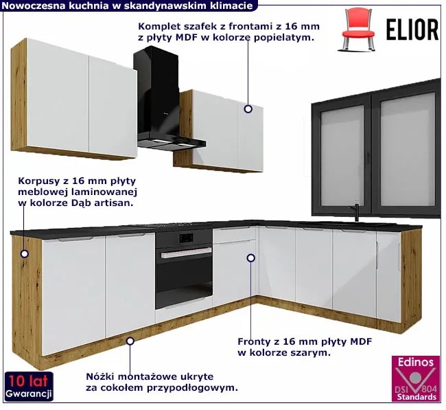 Komplet narożnych szafek kuchennych 260 cm dąb artisan + szary T5-E29
