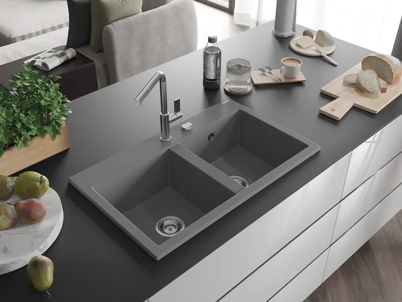Mexen Hektor zlewozmywak granitowy 2-komorowy 800 x 480 mm, szary, syfon chrom - 6521802000-71