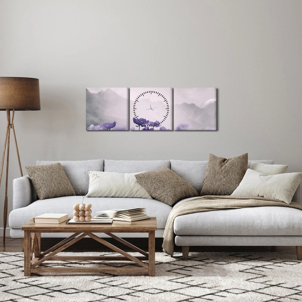 Obraz - Fioletowe kwiaty w górach (z zegarem) (90x30 cm)