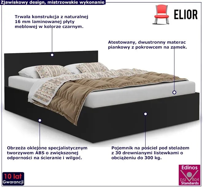 Czarne łóżko dwuosobowe z materacem 140x200 Vitrea 3X