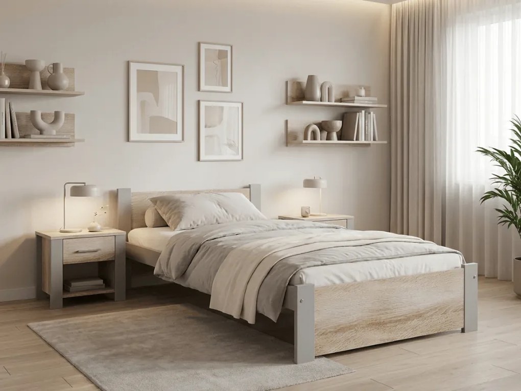 Łóżko IKAROS 90 x 200 cm, dąb sonoma/szary Stelaż: Ze stelażem listwowym rolowanym, Materac: Materac Coco Maxi 20 cm