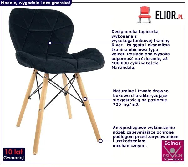 Czarne welurowe krzesło nowoczesne do salonu - Telix 3X