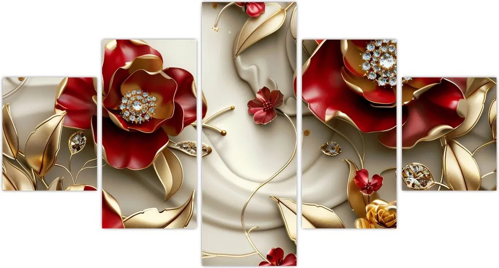 Obraz - 3D czerwono-złote kwiaty (125x70 cm)