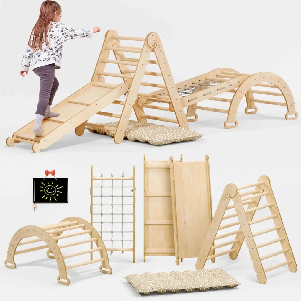Zestaw wspinaczkowy Montessori 5w1: Drabinka dwustronna + Łuk/bujak + Zjeżdżalnia/rampa + Siatka linowa + Poduszka