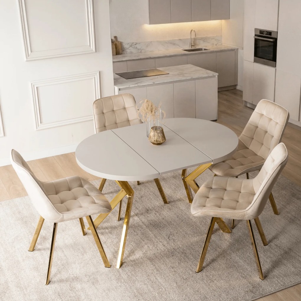 Stół Okrągły Rozkładany DORIAN 80-160 cm Kaszmir/Złoty Glamour