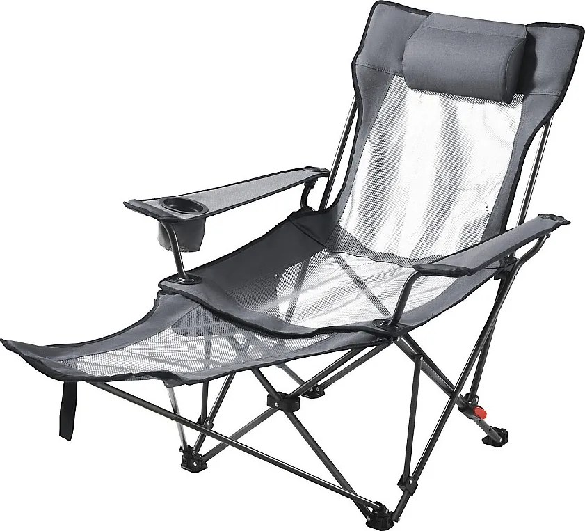 Krzesło Campingowe SucceBuy Składane, 4 Regulowane Pozycje, Przenośne Regulowane Leżako dla Dorosłych, z Podnóżkiem, Podparcie Głowy, Tkanina Siateczkowa, Szary
