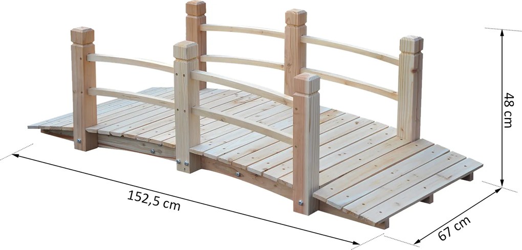 Outsunny Drewniany Most Ogrodowy z Balustradą Naturalny Lite Drewno Maks 180kg Dekoracyjny Mostek 152.5x67x48cm | Aosom PL