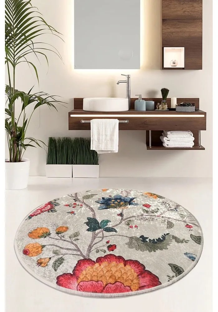 Szary aksamitny dywanik łazienkowy ø 100 cm Vintage Flower – Foutastic