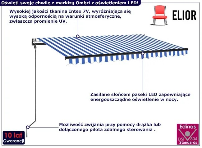Automatyczna markiza z LED i czujnikiem wiatru niebiesko-białe pasy H3-P47