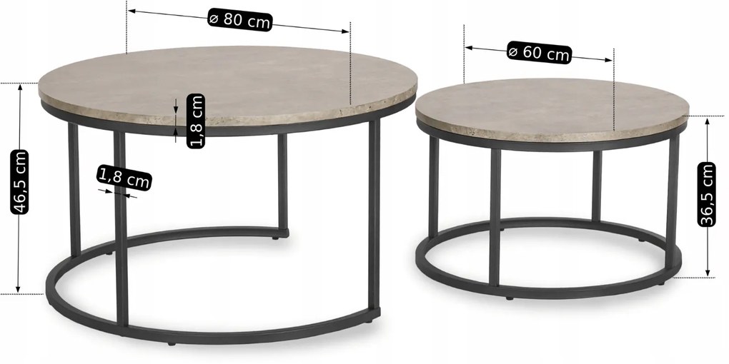 Zestaw Stolików Kawowych ROCKY MAX 60 cm/80 cm Szary Beton Nowoczesny Loft