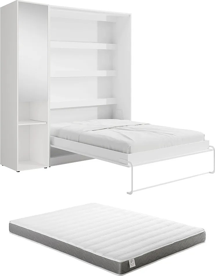 Łóżko chowane w szafie pionowe 160 x 200 cm - 1 kolumna do przechowywania - Z lustrem i oświetleniem LED - Białe + Materac - RAPILI