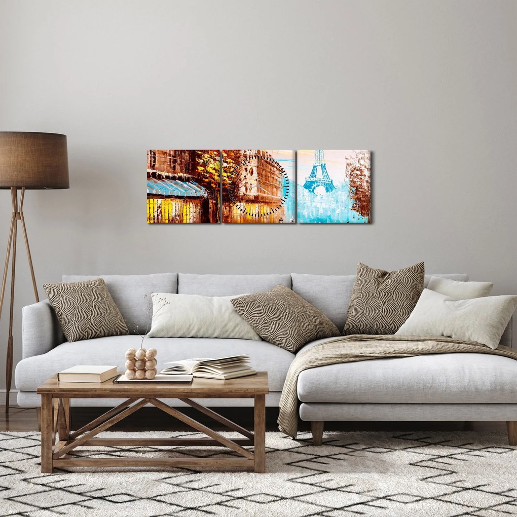 Obraz - Deszczowa pogoda i wieża Eiffla (z zegarem) (90x30 cm)
