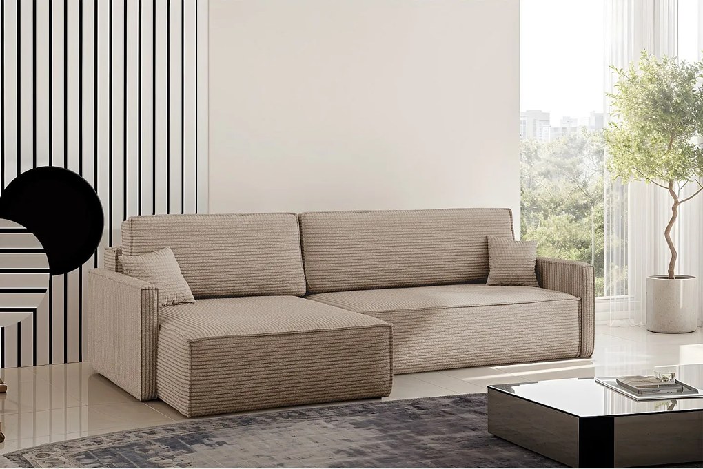 Narożnik z funkcją spania i pojemnikiem w kształcie L Carlos, tkanina Poso, Ciemnobeżowy, Lewy