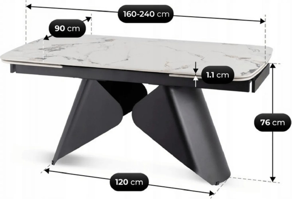 Ceramiczny stół z rozkładanym blatem Verona 160-240 cm, biały marmur/czarny