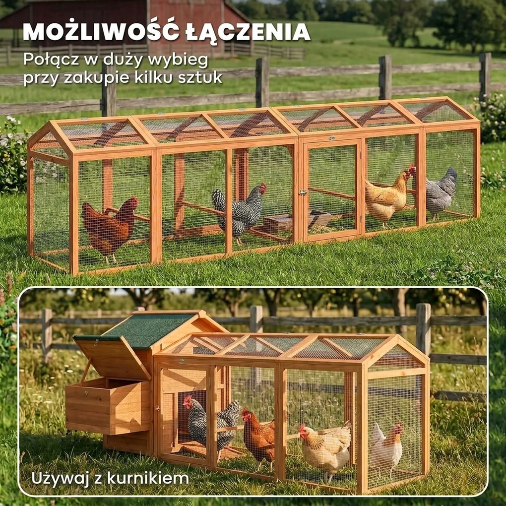 PawHut Kurnik Wybieg z Grzędą i Podwójnymi Drzwiami, z Drewna i Metalu, dla 4 Kur, 156 x 70,5 x 84 cm, Pomarańczowy | Aosom PL