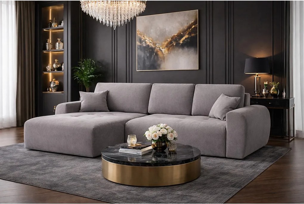 Narożnik w kształcie L z funkcją spania i pojemnikiem Ivo L, tkanina welurowa Salvador, Szary, Lewy