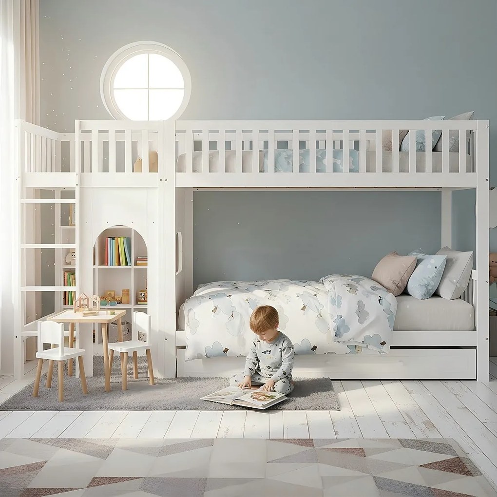 Łóżko piętrowe dla dzieci - 2 x 90 x 200 cm - z barierkami zabezpieczającymi + szuflady - sosna + płyta MDF - białe