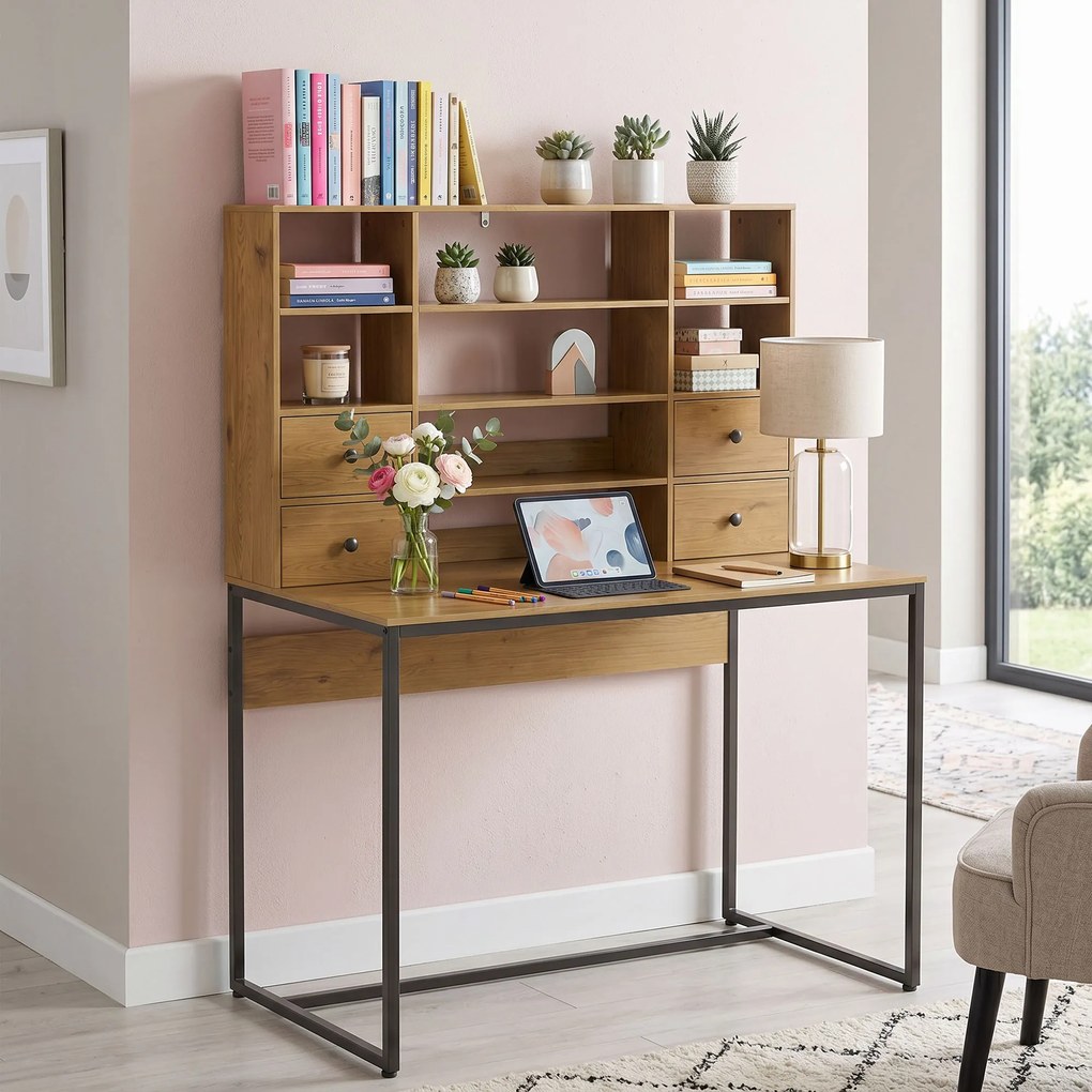HOMCOM Biurko komputerowe z 4 szufladami i półkami, biurko 105 cm, drewno naturalne | Aosom PL