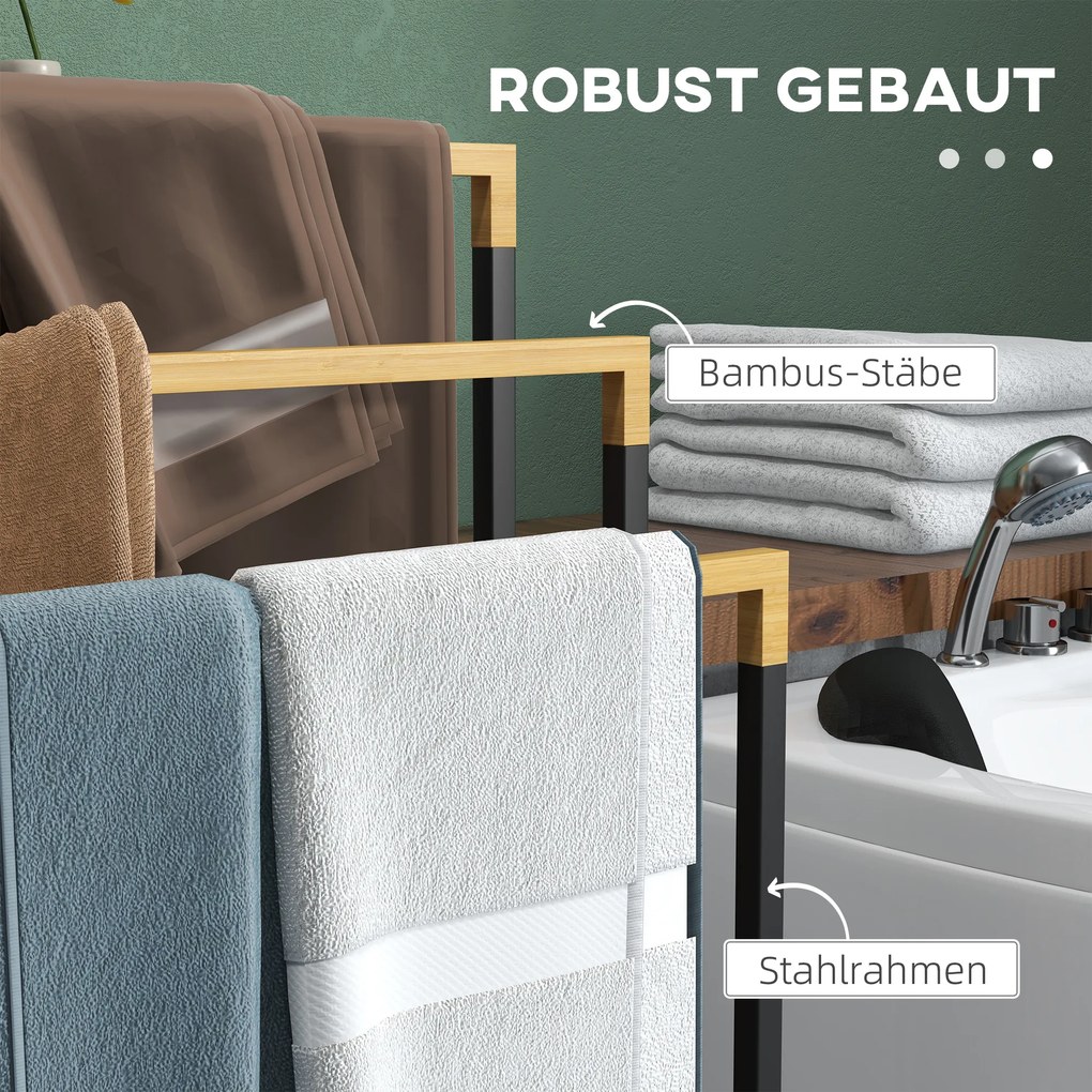 kleankin Zestaw Wieszaków na Ręczniki z 3 Drążkami, Styl Industrialny, Bambus, 45 x 22,5 x 86 cm, Czarny + Natural