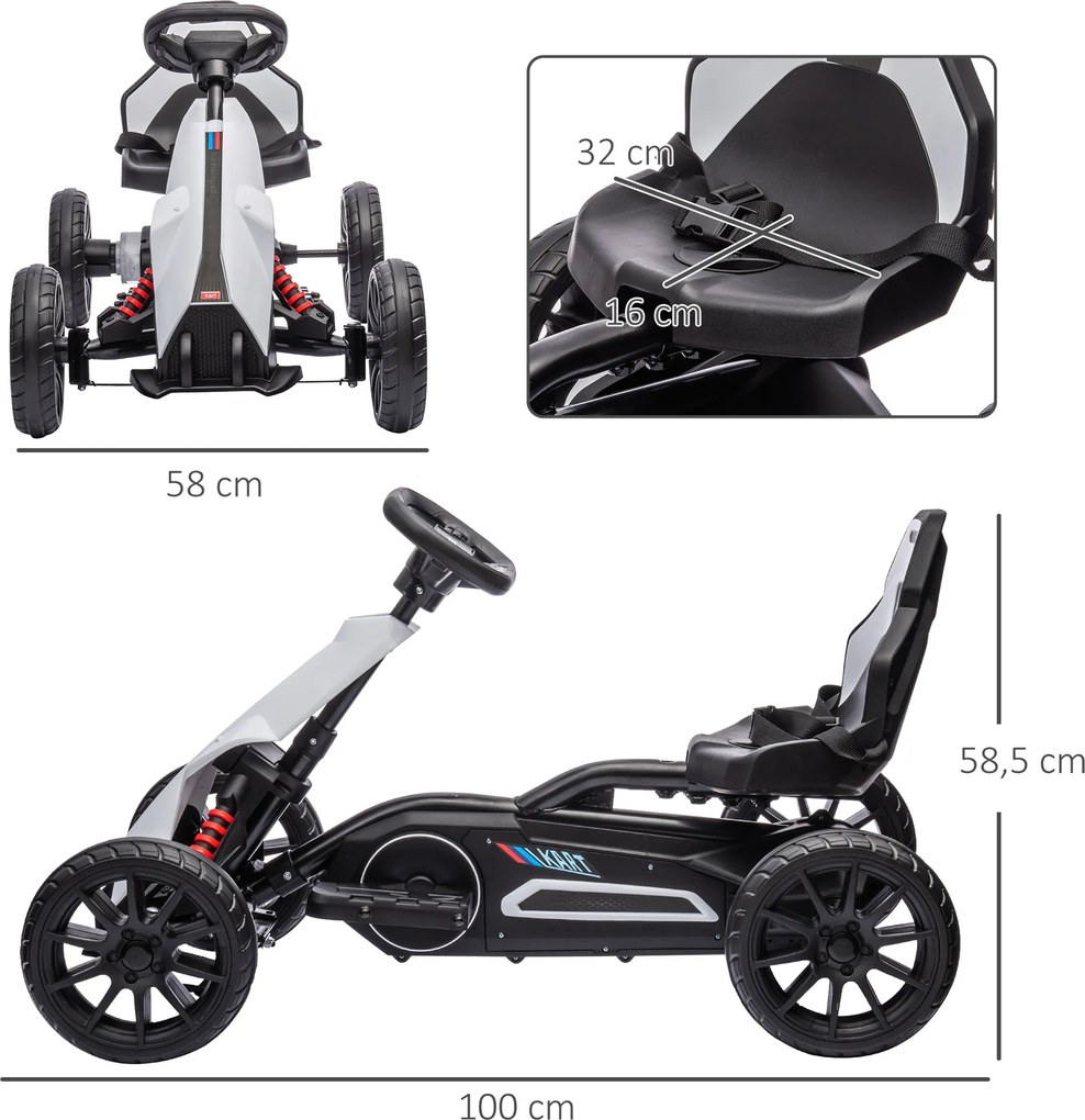 HOMCOM Gokart dla Dzieci, Elektryczny, do 5 km/h, z Paskiem Bezpieczeństwa, Siedzeniem z Oparciem, Plastik, Metal, Biały