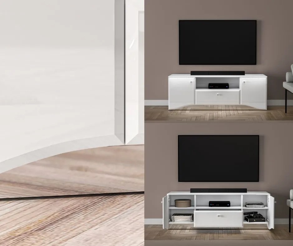 Szafka RTV 160 cm z oświetleniem LED Glamour 03, biały połysk