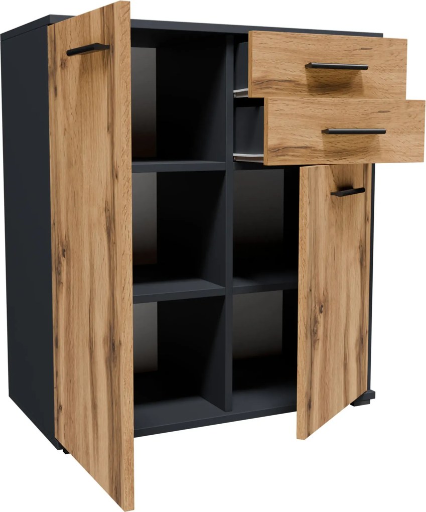 Komoda nowoczesna z 2 szufladami i półkami grafit + dąb wotan G5-N44