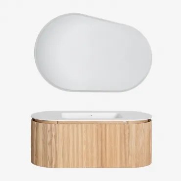 Zestaw Mebli Łazienkowych Z Drewna Zintegrowany Z Umywalką Carsone Naturalna & Bez Jednostki Pomocniczej & Owalna Lampa Led I - Sklum