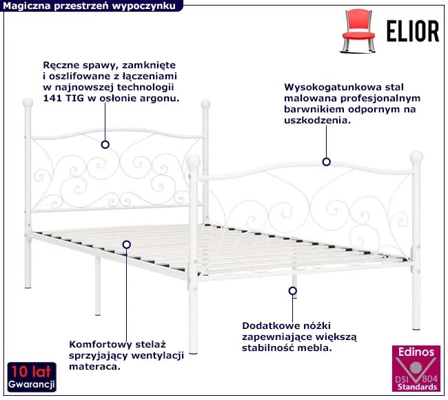 Metalowe łóżko pojedyncze w kolorze białym 90x200 cm - Donner