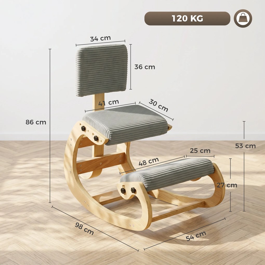 HOMCOM Ergonomiczne krzesło klęczące, stołek klęczący z oparciem, wygląd sztruksu, fotel biurowy do domu, biura, medytacji, ciemnoszary | Aosom PL