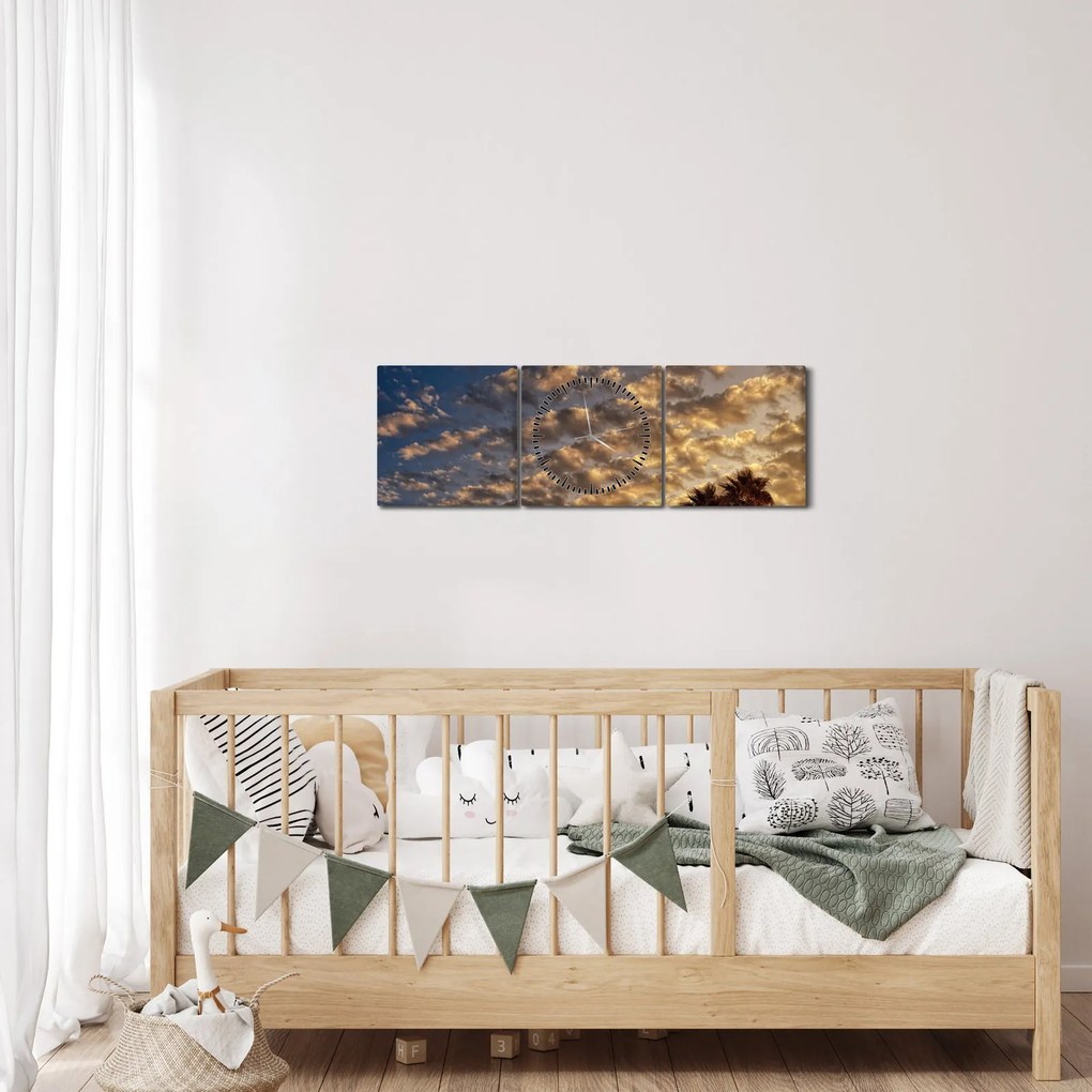 Obraz - palmy pośród chmur (z zegarem) (90x30 cm)