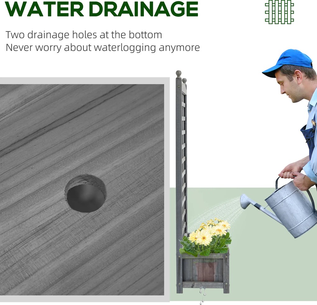 Outsunny Skrzynka na Rośliny Donica Stojak Trzcina Łuk Różany Otwory Drenażowe Drewno Jasnoszary 64x28x120cm | Aosom PL