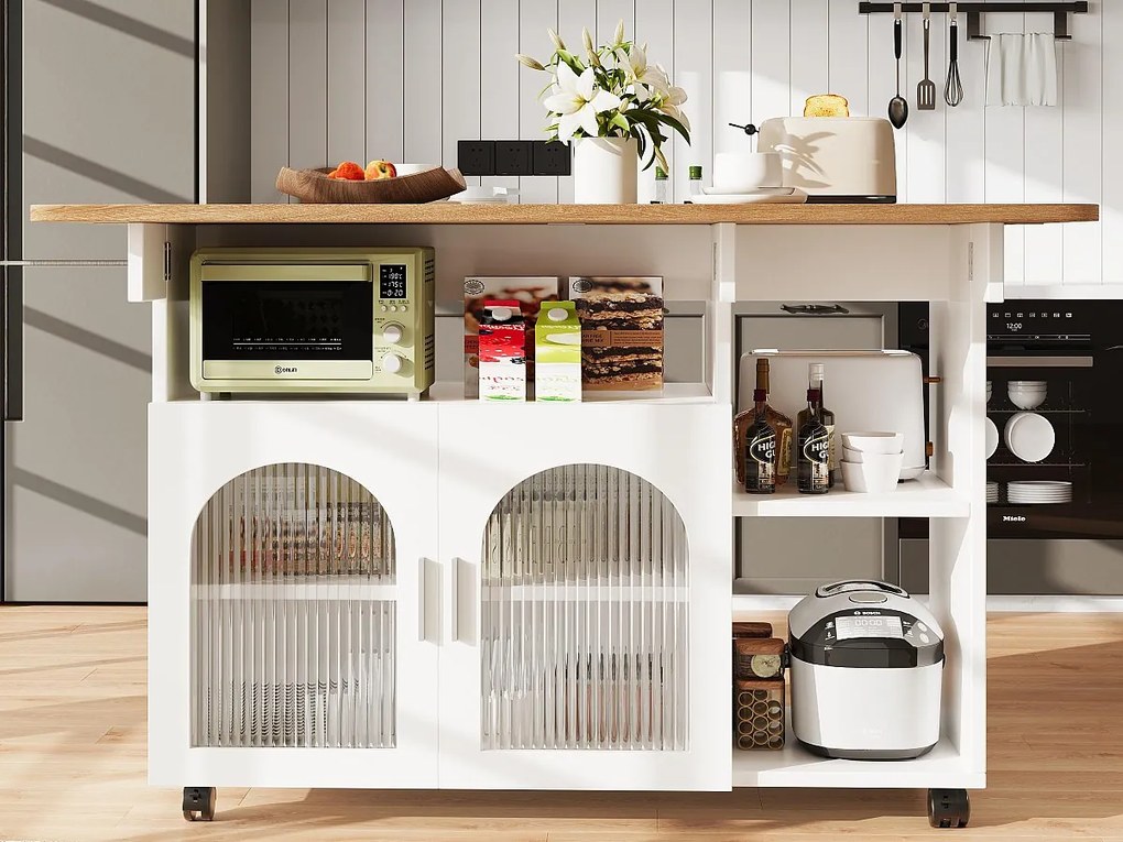 Wyspa kuchenna - wózek na kółkach z rozsuwanym blatem - 2 drzwi i 3 otwarte przegrody - Biały