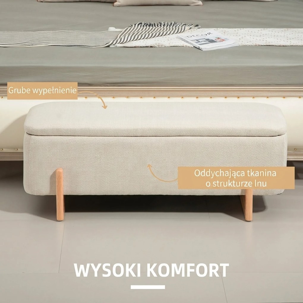 HOMCOM Taboret z Miejscem do Przechowywania, Ławka z Wyściółką z Pianki, Imitacja Lnu, 111 x 44 x 44,5 cm, Kremowy | Aosom PL