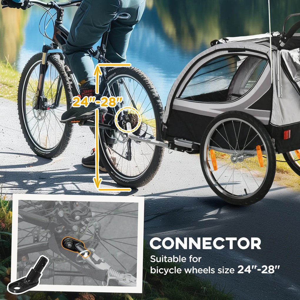 HOMCOM Przyczepka rowerowa dla dzieci, wózek do pchania, z hamulcami, składana, na 2 dzieci, Szary/Czarny
