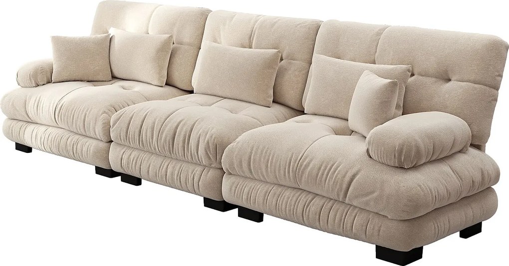 Beżowa sofa 3-osobowa - sofa prosta z 3 poduszkami lędźwiowymi i 3 poduszkami dekoracyjnymi - szenil