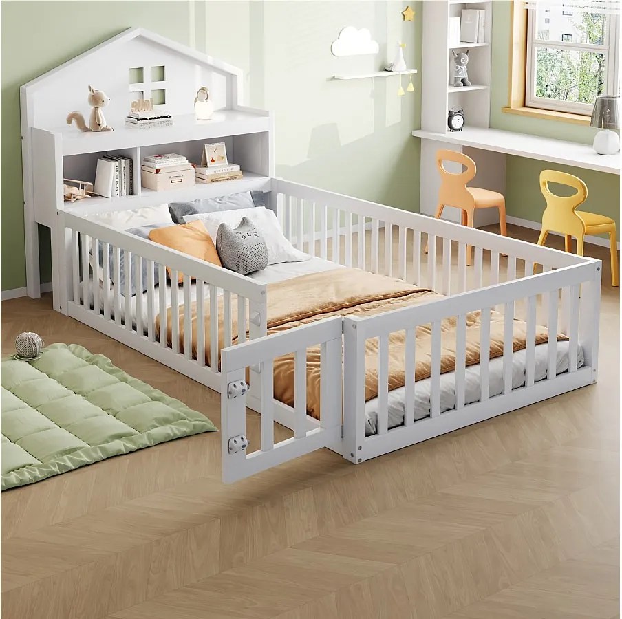 Łóżko dziecięce 90 x 200 cm - Łóżko pojedyncze z barierkami i drzwiami - Półki i schowki - Białe drewno