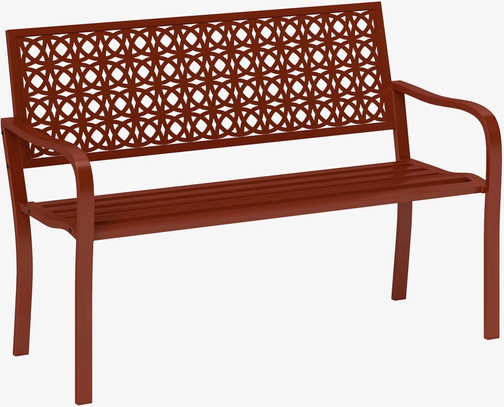 Outsunny Ławka zewnętrzna, ogrodowa z Stali, Wycinane Oparcie, Podłokietniki, dla 2 Osób, Czerwona