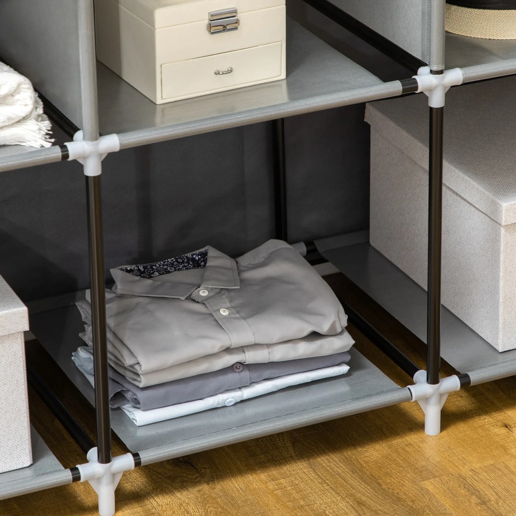 HOMCOM Szafa z Tkaniny, Rozwiązanie do Przechowywania, 8 Regałów, 2 Drążki na Ubrania, Ciemnoszary