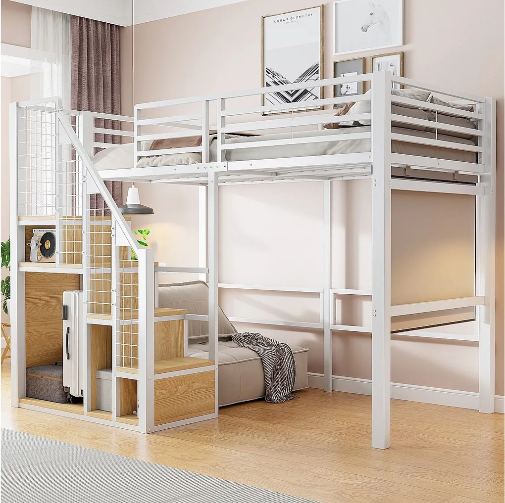 Łóżko piętrowe dla dzieci - 90 x 200 cm - rama żelazna - ze schowkiem i schodkami bezpieczeństwa - metalowe - białe