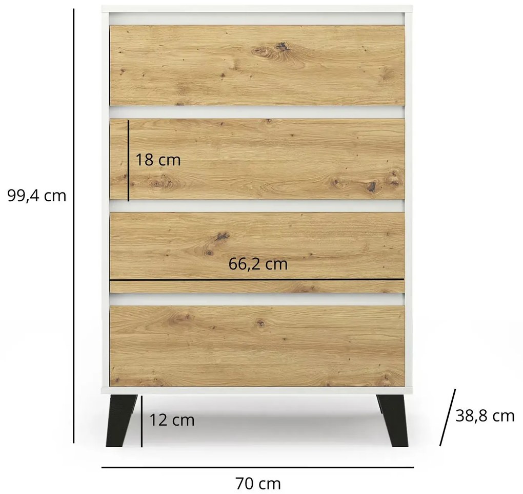 Komoda z 4 szufladami w stylu skandynawskim biały + dąb artisan K7-K98