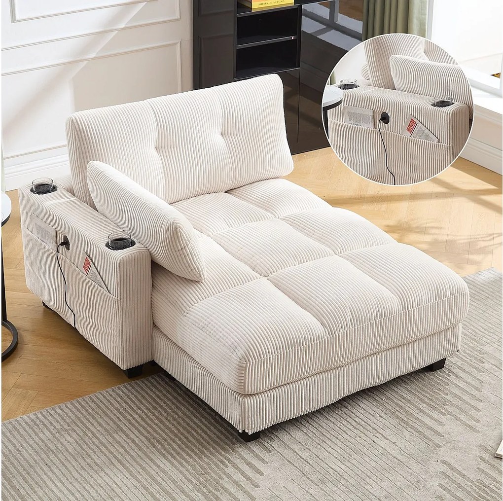 Sofa 1-osobowa z tapicerowanym oparciem, portem USB i uchwytem na kubek – beżowy sztruks