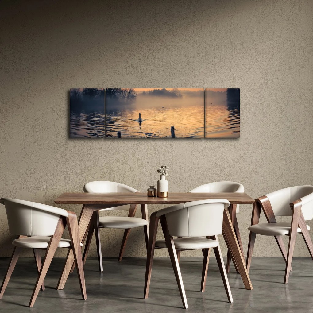 Obraz łabędzi na wodzie we mgle (170x50 cm)